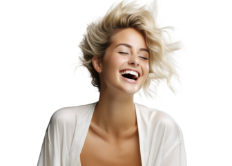 Portrait of an emotional woman laughing loudly. The concept of cosmetology and cosmetic products for facial skin care. Transparent isolated background.