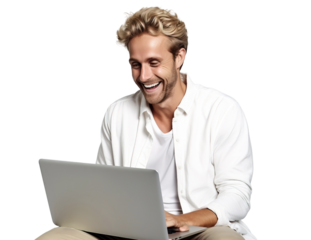 A nice man uses a laptop to teach online programming courses and foreign languages. Financier works online workplace computer. Transparent isolated background.