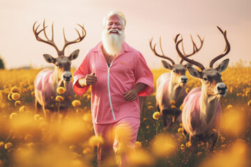 Casual Santa Claus in pink sport clothes walking with reindeer outside in yellow flower field....