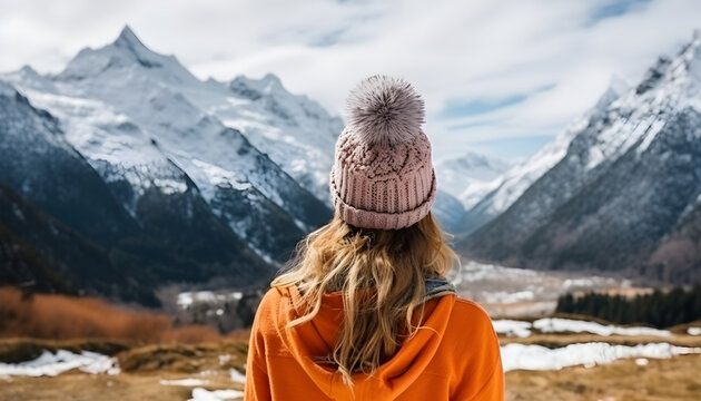 Portrait from the back of the girl traveler in an orange sweater and hat in the mountains against the background of a frozen mountain. Photo travel concept