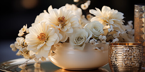 Obraz na płótnie Canvas Wunderschöne weiß mit goldenen Blumen in der Vase als Dekoration Querformat für Banner, ai generativ