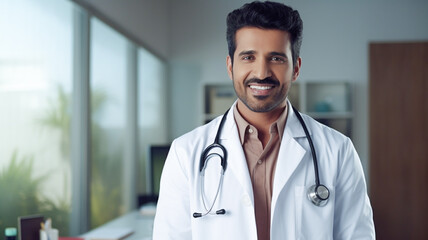 Portrait of happy friendly male Indian doctor medical worker wearing white coat with stethoscope standing in modern clinic. - obrazy, fototapety, plakaty