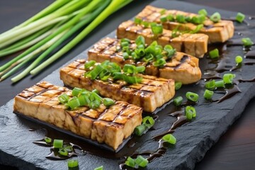 teriyaki tofu steaks garnished with scallions on a stone platter