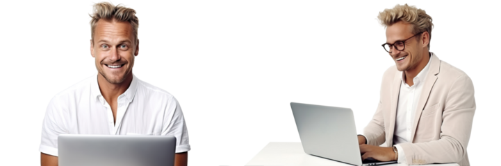 Entrepreneurs lawyers real estate agents young guys online work at the computer. Male managers people use a laptop workplace in the office.  Transparent background.