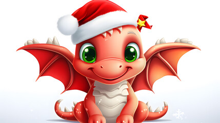 Adorable Red Cartoon Dragon with Santa Hat Celebrating Christmas