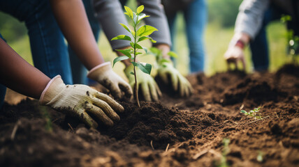 Volunteers Planting Young Trees in Soil for Reforestation Effort copy space banner. 