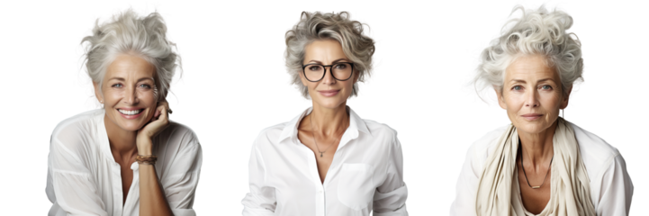 Concept advertising of cosmetology and cosmetics products for skin care and health for the elderly. Beautiful old healthy women people have different facial emotions. The smile shows white teeth