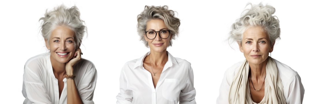 Concept advertising of cosmetology and cosmetics products for skin care and health for the elderly. Beautiful old healthy women people have different facial emotions. The smile shows white teeth