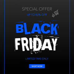 Black Friday Sale card with blue elements and text