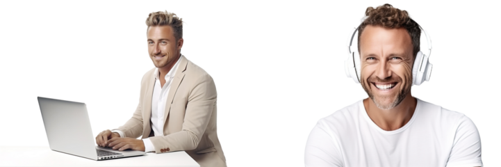 A man using a laptop is sitting at his workplace in a business suit. A person listens to the radio and music and news with headphones. Transparent background.