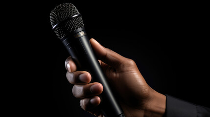 hand holding a microphone on a black background