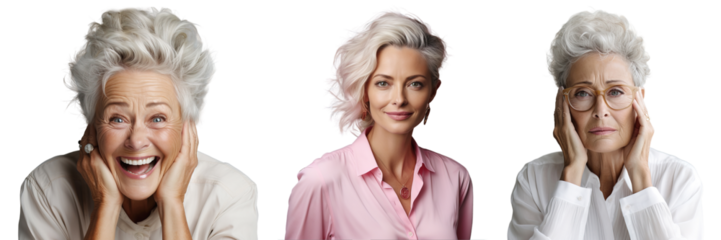Beautiful old healthy women people have different facial emotions. The smile shows white teeth, beautiful well-groomed facial skin. Concept advertising of cosmetology and cosmetics products for skin 