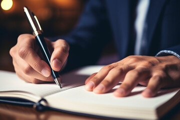 Close-up of a person taking notes while reading, showcasing the active engagement and learning aspect of literature, creativity with copy space