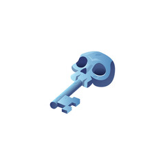Metal game key with skull, vector magic skeleton game ui element, danger secret, password symbol, security interface
