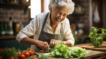 Cheerful senior woman cutting fresh vegetables in the kitchen at home - obrazy, fototapety, plakaty
