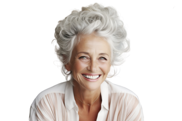 Old well-groomed skin fashionable healthy beautiful elderly woman smiling looking at the camera. Gray hair and hairstyle. An adult pensioner is a happy person. Transparent background.