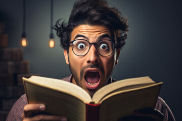 Close-up of a person's expression while reading a suspenseful or thrilling book, capturing the intensity and thrill of storytelling, creativity with copy space