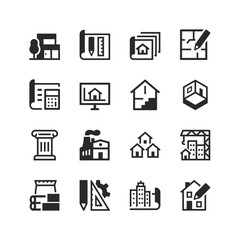 Architecture icons set. Architectural project, documentation. Drawing, plan. Project development of a house, a multi-storey building, an industrial building. Black and white style