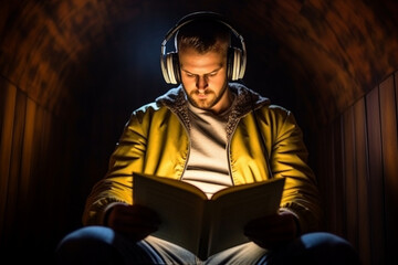 A creative shot of a person reading with headphones, highlighting the combination of music and...