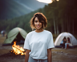 A portrait of a south asian woman wearing an oversize blank plain white tshirt mockup outdoors in nature, in a campsite with tents, and campfire - obrazy, fototapety, plakaty