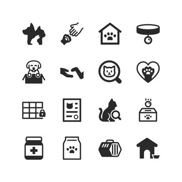 Animal Shelter icons set. Find a pet or shelter a homeless animal. Saving and caring for animals. Pet sitting. Black and white style