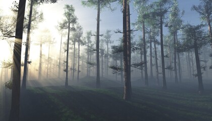Fototapeta na wymiar Forest in the morning in a fog in the sun, trees in a haze of light, glowing fog among the trees, 3D rendering