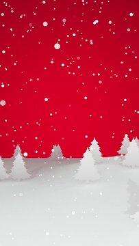 3D animation - Looped animated Christmas background of a landscape of flat white pine trees on a red background in vertical composition format