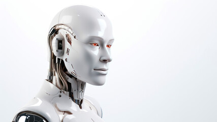 Humanoid robot on white background, copy space for text - obrazy, fototapety, plakaty