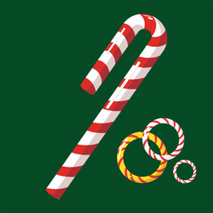 Sweet Christmas candy. Lollipop on a stick. Festive sweetness. Caramel candies. Sweet New Year's dessert. Vector design.