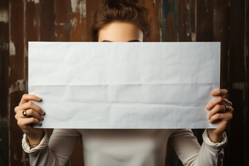 Person showing a large blank sheet for inserting text, logo, advertising material, slogan etc