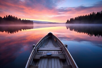 rowboat docked on tranquil lake at sunrise - obrazy, fototapety, plakaty