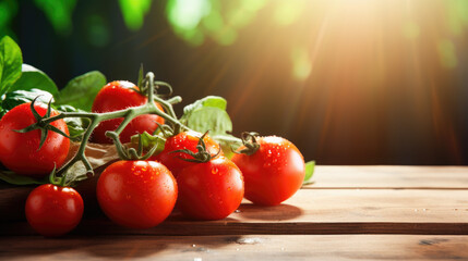 closeup of tomatoes on table - obrazy, fototapety, plakaty