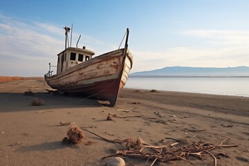 abandoned fishing boat on dried seashore