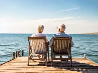 elderly couple enjoying the retirement near the sea - obrazy, fototapety, plakaty