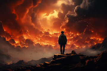A man standing at the mouth of a volcano. Burning hot lava and smoke. - obrazy, fototapety, plakaty