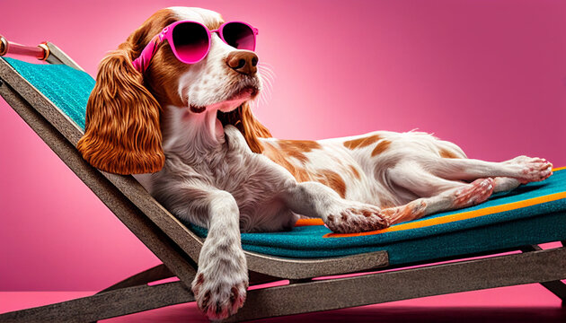 Schosshund mit rosa Sonnenbrille im Wellnessbereich lustige Tiere mit Sonnenbrille Urlaub machen und Werbung für Reiseveranstalter Marketing   Grußkarte Kartenmotiv Vorlage Motiv Generative AI 