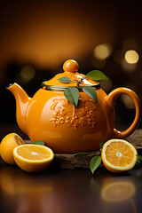 Orange color teapot on the table with half opened oranges on blurred background