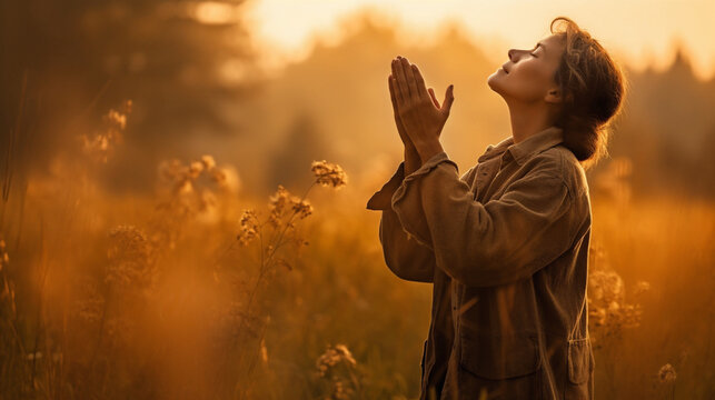 Picture of a woman with her hands raised, expressing gratitude to God in a quiet meadow during sunset