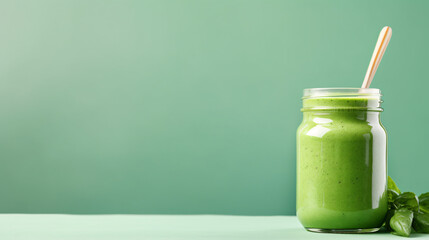 Green smoothie in mason jar with green straw blue - obrazy, fototapety, plakaty