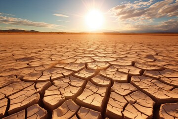 drought affected cracked earth under a harsh sun - obrazy, fototapety, plakaty