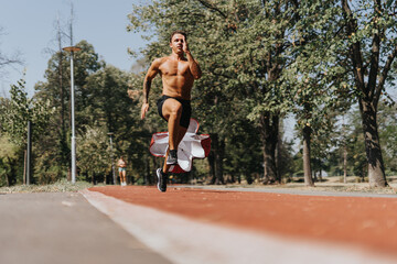 Fit, Caucasian male athlete running with parachute on a race track in the park on a beautiful sunny, summer day.