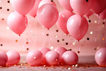 Festive pink balloons and golden confetti in the room on the background. Greeting card