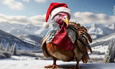 A festive winter turkey wearing a santa hat against a winter landscape on thanksgiving day and christmas day created with generative ai - obrazy, fototapety, plakaty