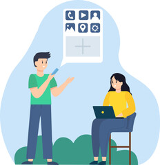 two people, a woman and a man are discussing trends on social media. women sit while looking for information on laptops and men stand while checking their smartphones