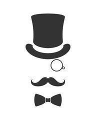 Gentleman graphic icon. Top hat, bow tie, monocle and mustaches sign isolated on white background. Vector illustration