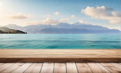 Empty wooden floor for product display montages with sea and mountain background for ecommerce products display created with generative ai