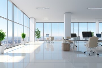 Bright and clean office environment abstract background Bright office with plants and large windows. by Generated AI