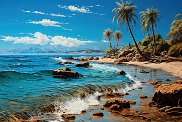 Fototapeta na wymiar Panoramic view of beautiful beach with coconut palm tree, sea and beautiful rocks