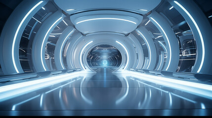 Empty silver tunnel. Technology futuristic background.