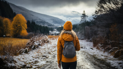 Back of young woman in a yellow jacket with a backpack walks along the road in the Carpathians.